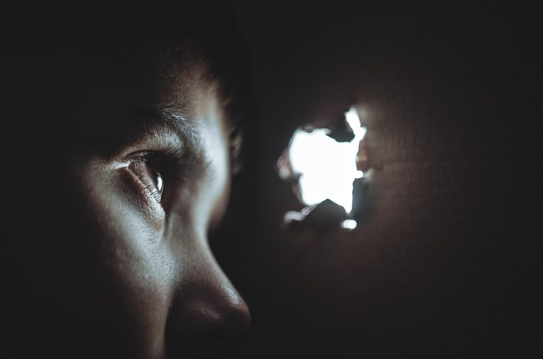 Child Torn Box Girl Eye Hiding Young Boy Hole
